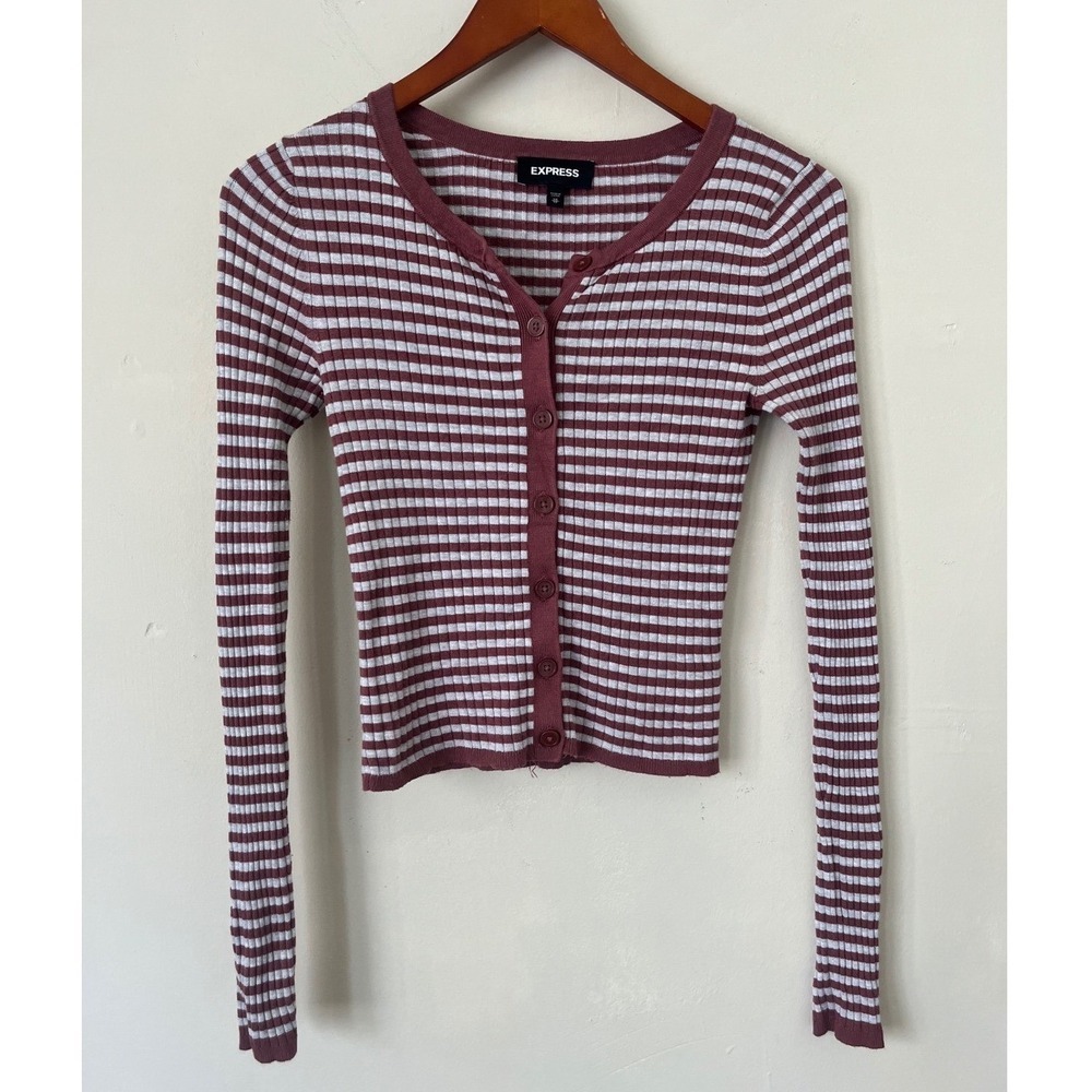 Express Womens Ribbed Striped Cropped Cardigan Sweater Burgundy White XS